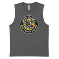 Dark gray sleeveless muscle tee with circular "Hey Dude Don't Block The Bus" graphic featuring a yellow school bus.